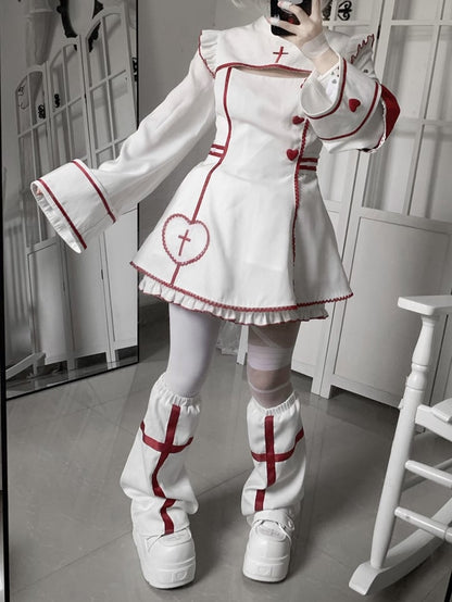 Maid Set: Halloween-themed Embroidery Buttons Cross Heart White Red Dress with + Kawaii Shorts Yami