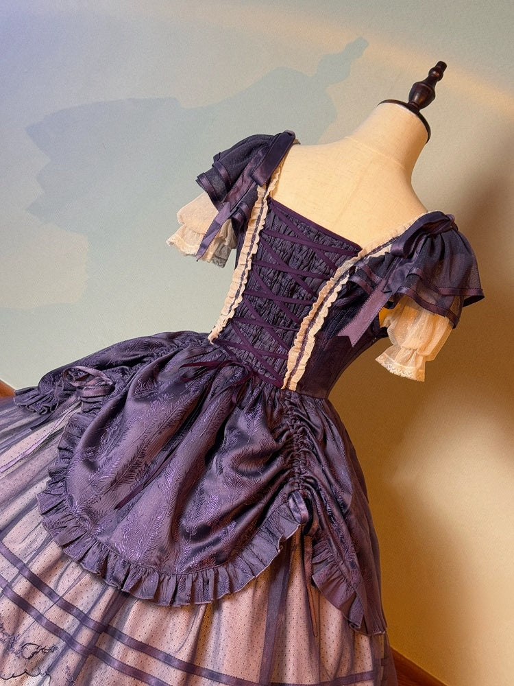 Purple Square Neckline Feather Jacquard Drawstring Skirt Classic Lolita Dress