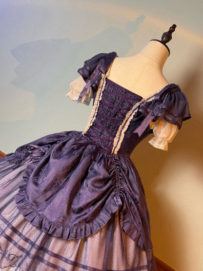 Purple Square Neckline Feather Jacquard Drawstring Skirt Classic Lolita Dress