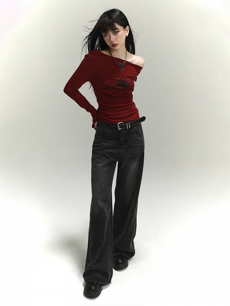 Dark Grey Faded Wash Distressed Vintage Wide-Leg Jeans
