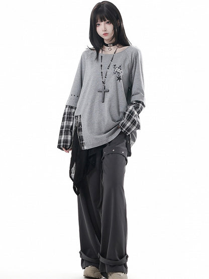 Hem Distressed Holes Black Adjustable with Belt Corset Asymmetrical Buckle