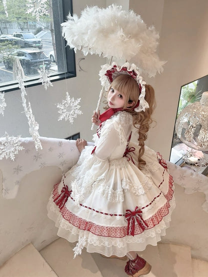 White and Wine Red Lace-up Bow Accents Lace Trim Sweet Princess Dress Lolita Jumper Skirt