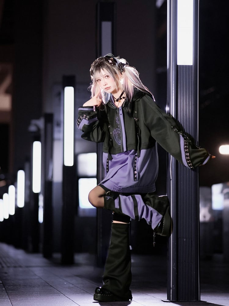 Cyberpunk-Style and Purple Colorblock Black - Techwear Jirai Design Warmers Kei Leg