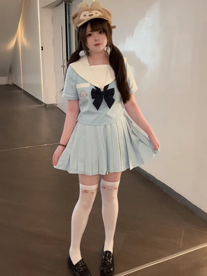Haut d'uniforme JK bleu clair Little Seal à col marin avec nœud papillon gratuit