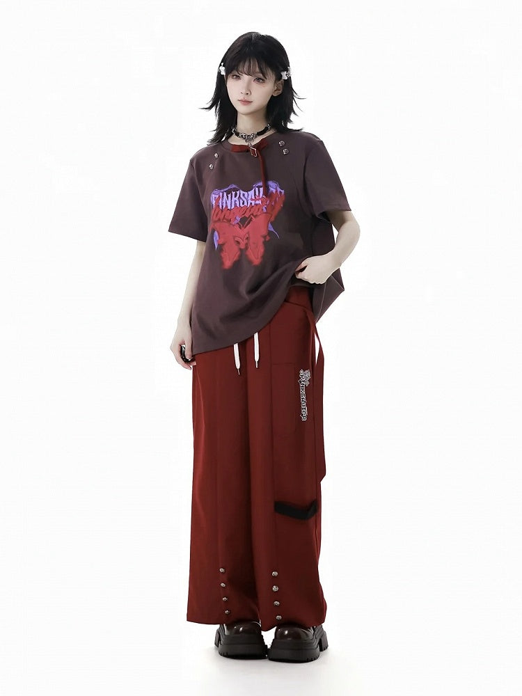Straight-Leg Pants Red Drawstring Waist Stud Details
