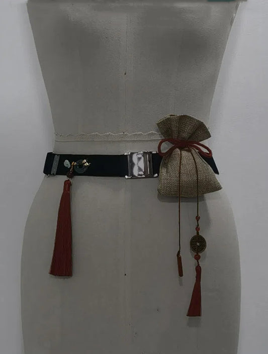 Red Black Small Bag Belt with and Tassel