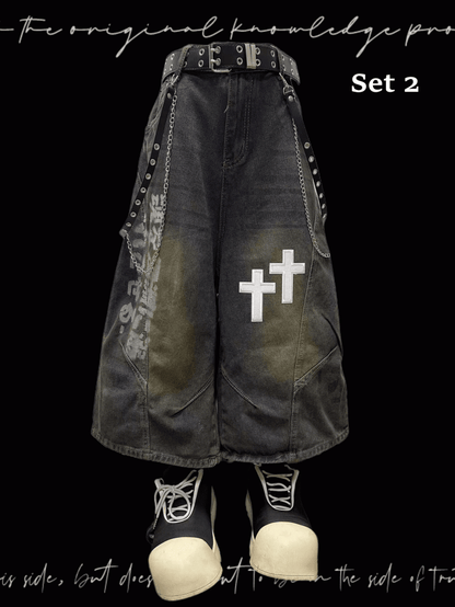 Dunkelblaue Jeans mit weitem Bein, verblasste Waschung, Kreuzapplikationen, Distressed