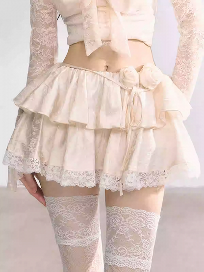 Skirt Black/Apricot Elastic Waist Lace Trim Floral Tiered Mini