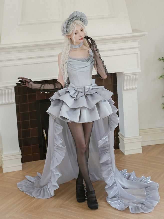 Cowl Spaghetti Dress Elegant Waist Straps Boned Lolita JSK Set Full Neckline Gray