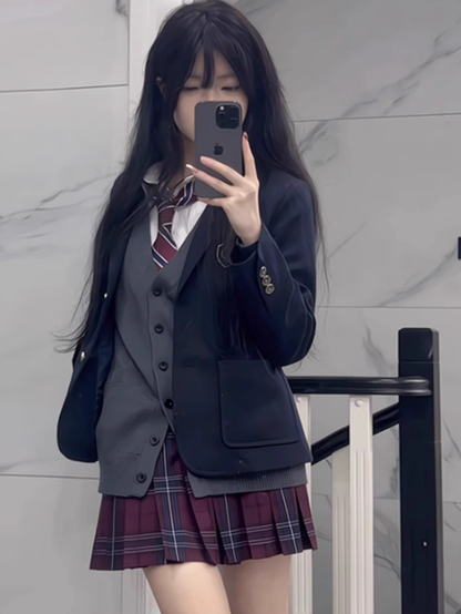 Stil Manschetten verziert Design Preppy JK Uniform Abzeichen Knopf Dark Blazer Blau