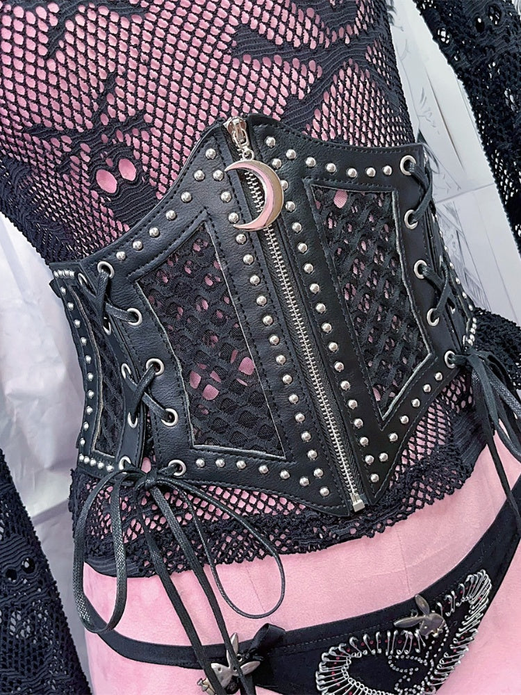 Lace-up Detail Crescent Moon Zip Black Punk Waist Corset Belt