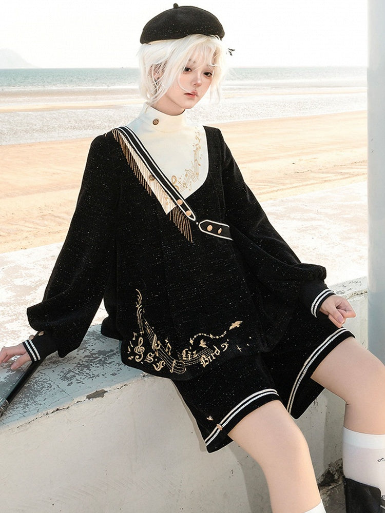 Black Ouji Glittering Waffle Top with Music Notes and Fringe Sash