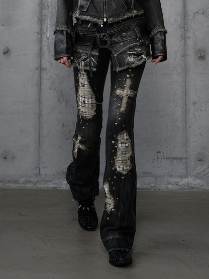 Plaid Distressed Patches Jeans Hem Punk with Frayed Black Wash Cross