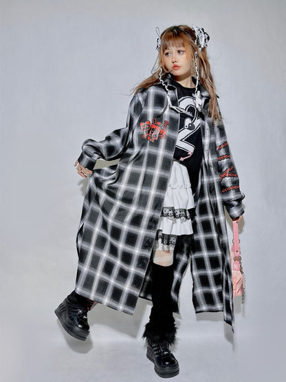 Black&Gray Plaid Pattern Kitty and Panda Pin Chain Shirt+White Brain Knitted Long Cardigan