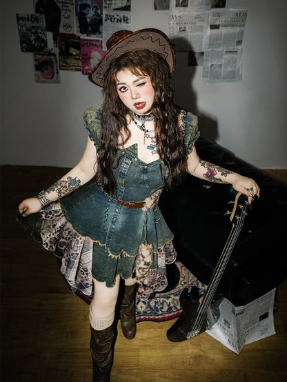 Fashion with Blue Puff Sleeves Denim Dress Leopard Belt Patchwork Plus Size Gyaru Waist