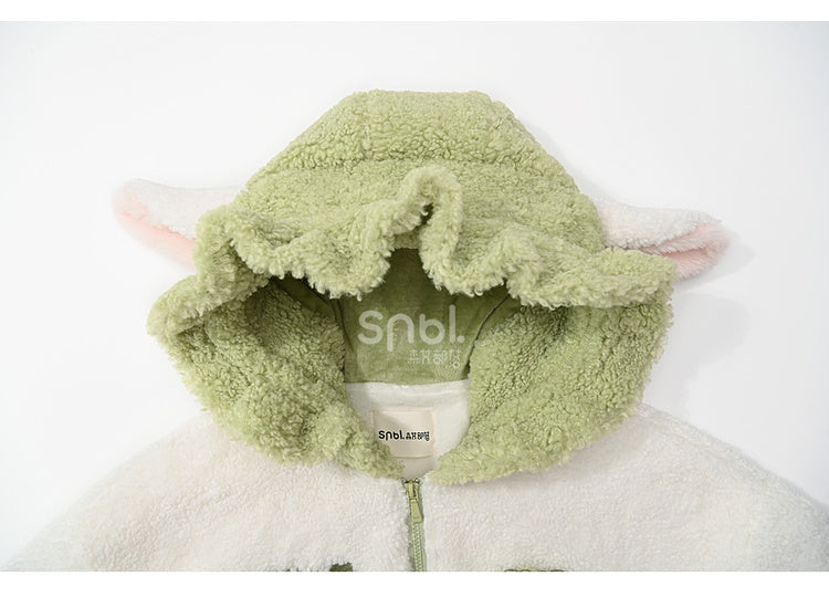 Cute Lamb Applique White and Green Colorblock Design Fleece Zip Hoodie