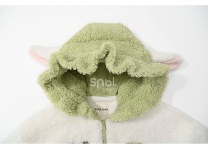 Cute Lamb Applique White and Green Colorblock Design Fleece Zip Hoodie