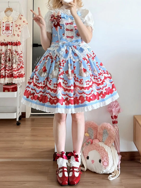 at Country Bowknot Cottagecore Strawberry and Bunny Print Blue Details Dress Lolita Sleeveless Waist
