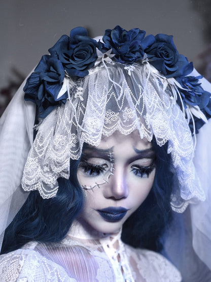 White Goth Blue Flowers Bride Veil