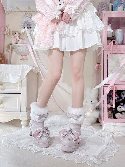 Jirai Kei Matte Pink Rhinestone Bow at Top Plush Cuff PlatformHigh Block Heels with Beaded Chain