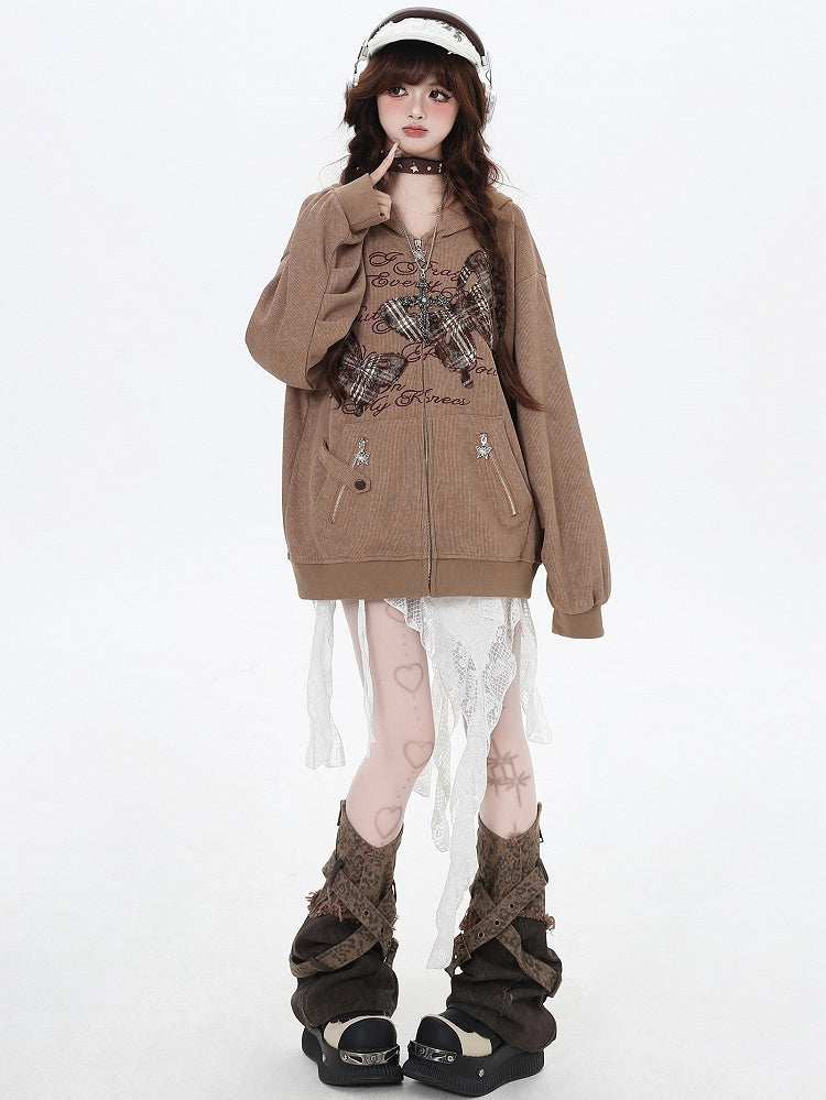 Brown Butterfly Appliques Spring Loose Zip Hoodie