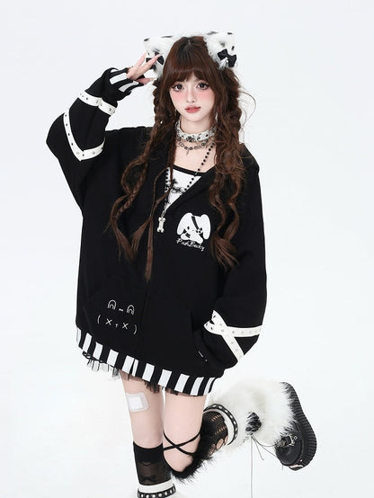 Black White Striped Bunny Ear Zip Hoodie