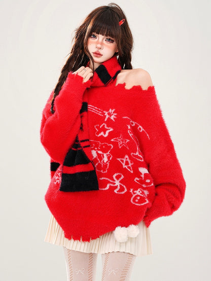 Red Bears and Stars Halter Neck Loose Sweater with Free Scarf