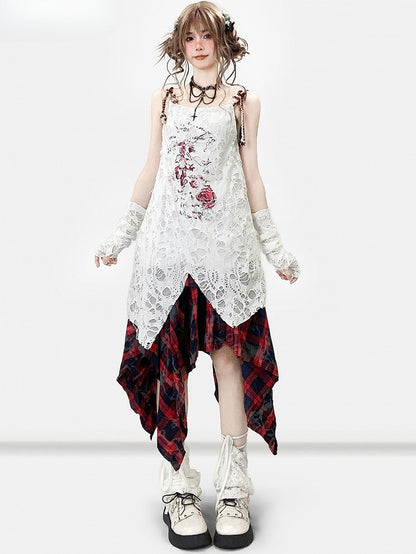 Ärmel mit weißem Design, Ausschnitt, Cami-Print-Kleid, Details Y2K