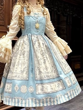 Dress Lolita Blue Print Square Neckline Elegant Classic with
