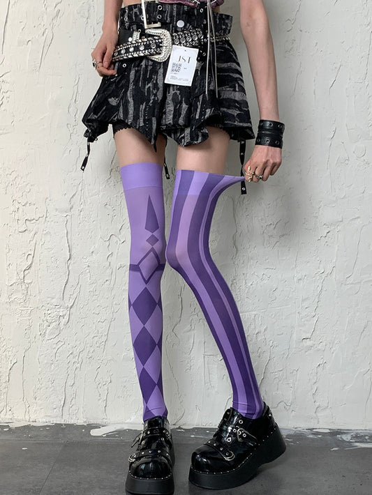 And Striped Asymmetrical Diamond Design Y2K Stockings Overknee Purple Pattern
