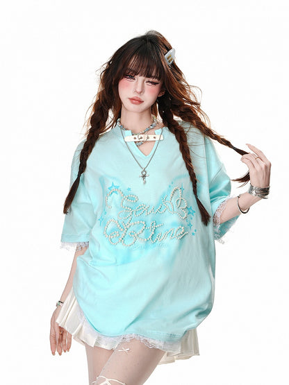 Mint Green/Black/White V-Neck Heart Buckle Bead Details Lace Trim T-shirt