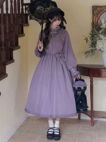 Purple Scallop Trim Crossover Neckline Drawstring Han Lolita Dress