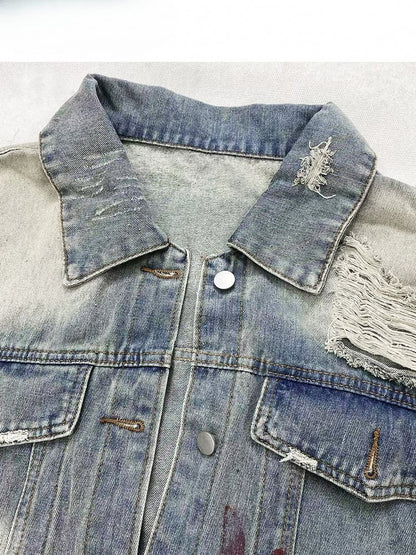 Design Jacket Holes Distressed Details Blue Print Light Denim