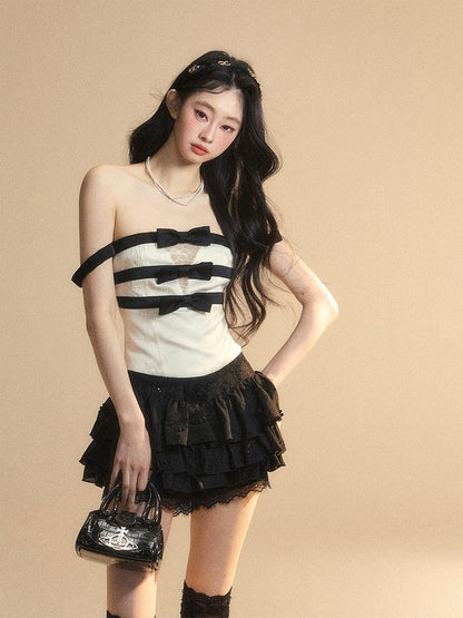 Bowknot Details Patches Lace Glamorous Strapless Top Apricot Neckline