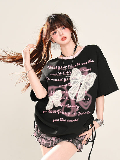 Black/White Lace Bow Appliques Drawstring Waist Sweet Graphic T-Shirt