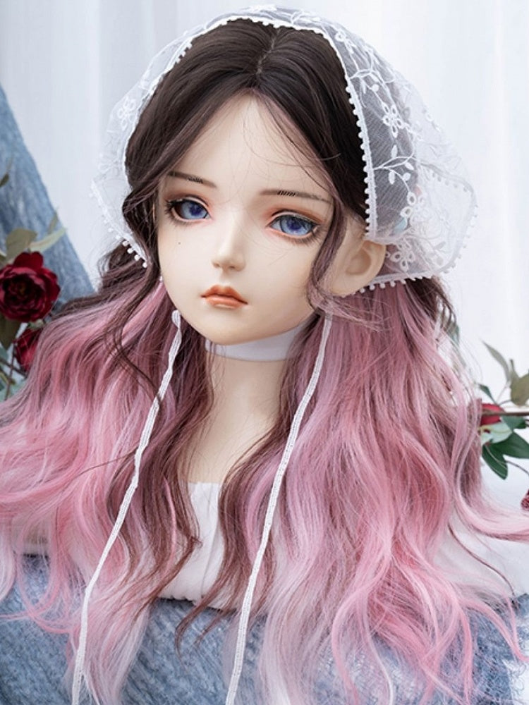 Pink-black Ombre Long Wavy Synthetic Wig With Curtain Bangs