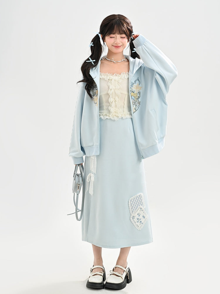 Blue Lace Bow Side Slit Floral Applique Skirt