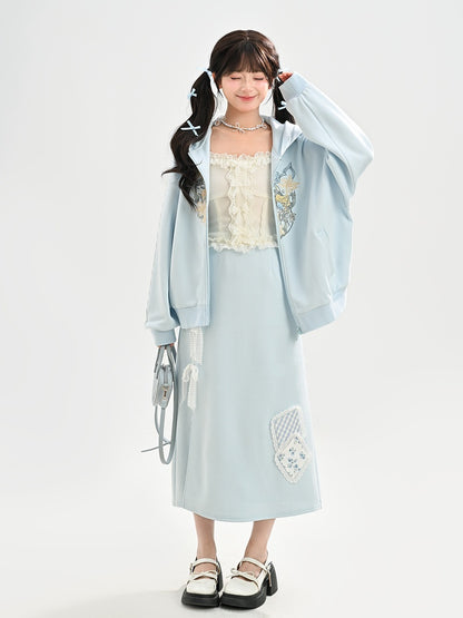 Blue Lace Bow Side Slit Floral Applique Skirt