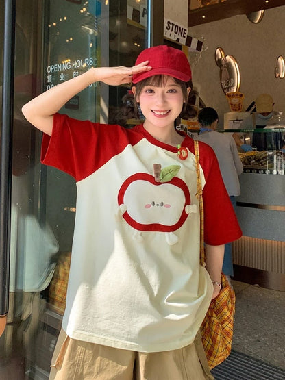 Rot-weißes Colorblock-Design T-Shirt Apple