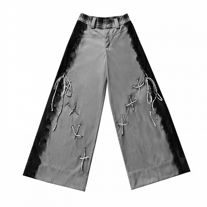 Dark Gray Lace Patches Details with Casual Pants Side Lace-up