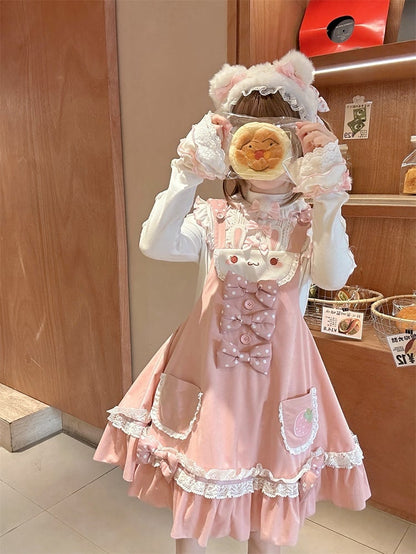 on Polka-dot Bowknot Lolita Jumper Skirt Details Bunny Ears Design Sweet Waist Hood Pink