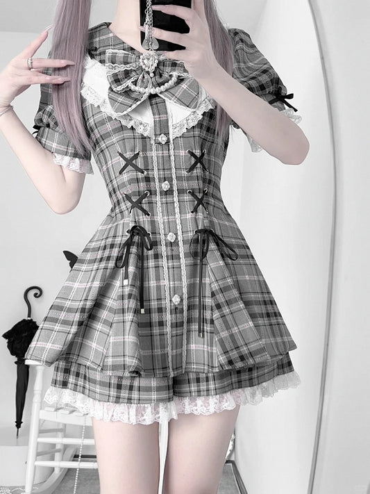 Gray Kei Plaid Waist Rhinestones Jirai Mini Dress+Shorts Embellished Set Lace-up Details
