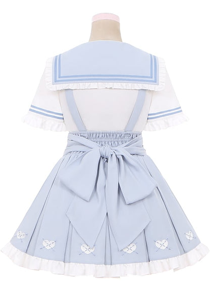 Jirai Kei Overalls Light Blue Heart Front Embroidery Lace-up