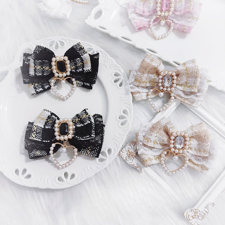 Bow Hairclips Rhinestone Accent Charm Plaid Heart Black/Beige/Pink/BlackWhite