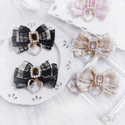 Bow Hairclips Rhinestone Accent Charm Plaid Heart Black/Beige/Pink/BlackWhite
