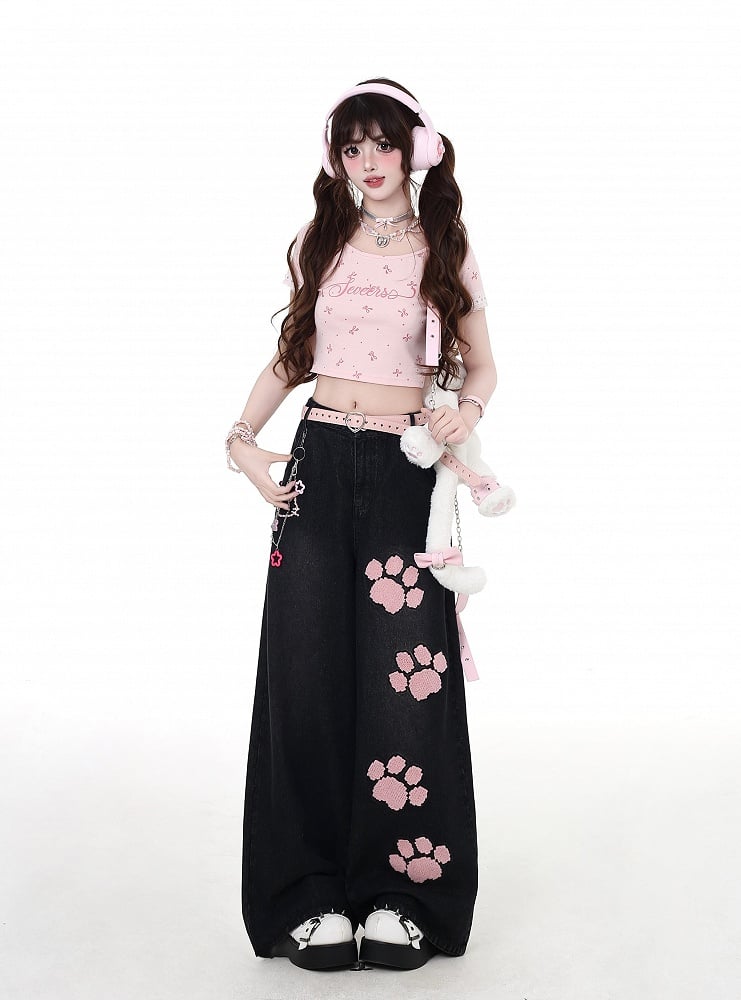 Black Low Waist Straight-Leg Jeans Pink Paw Embroidery