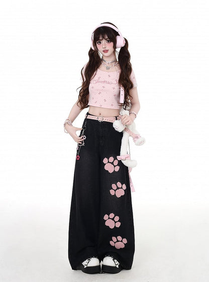 Black Low Waist Straight-Leg Jeans Pink Paw Embroidery