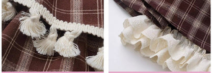 Brown Plaid Tiered Skort Ruffle Cuffs Fringe Trim