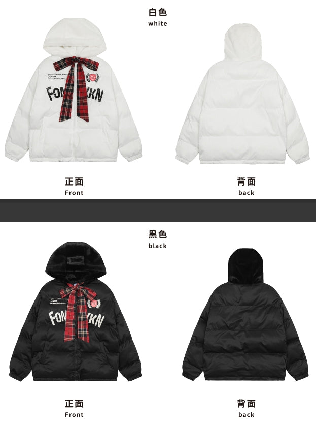 Black/White Letters Print Self-tie Bowknot Hooded Thick Jacket