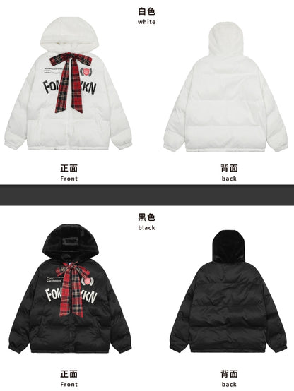 Black/White Letters Print Self-tie Bowknot Hooded Thick Jacket